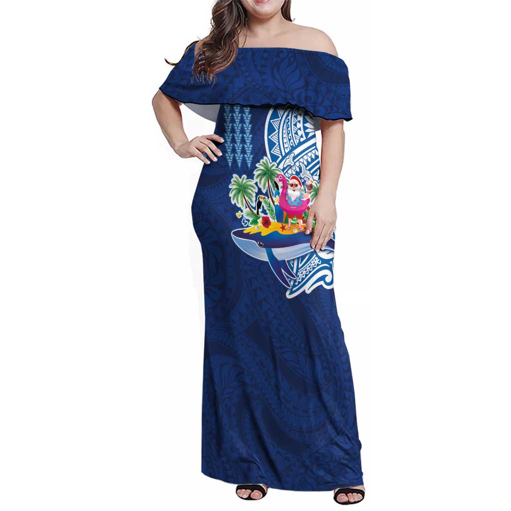 Hawaiian Mele Kalikimaka Family Matching Off Shoulder Maxi Dress and Hawaiian Shirt Funny Santa on Whale Island with Kakau Tattoos LT03 Mom's Dress Blue - Polynesian Pride