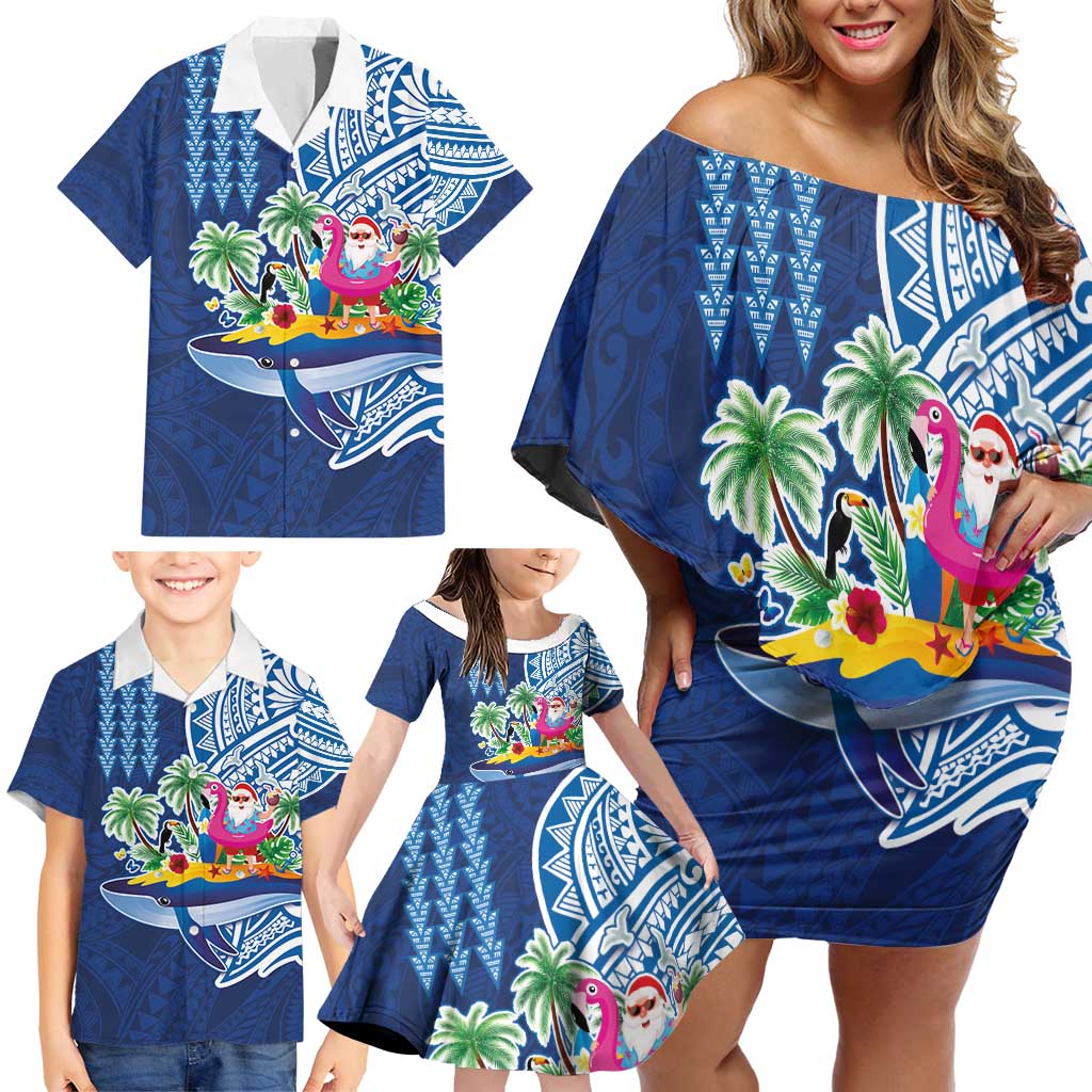 Hawaiian Mele Kalikimaka Family Matching Off Shoulder Short Dress and Hawaiian Shirt Funny Santa on Whale Island with Kakau Tattoos LT03 - Polynesian Pride