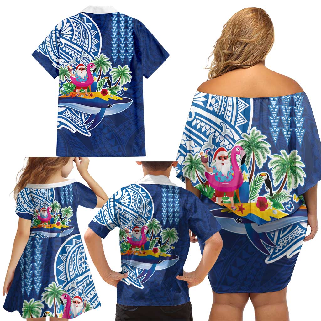 Hawaiian Mele Kalikimaka Family Matching Off Shoulder Short Dress and Hawaiian Shirt Funny Santa on Whale Island with Kakau Tattoos LT03 - Polynesian Pride