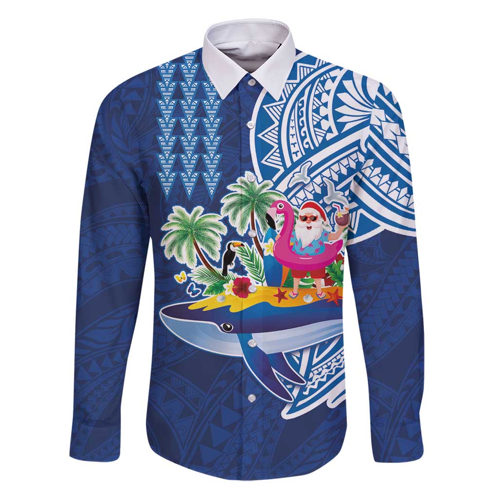 Hawaiian Mele Kalikimaka Family Matching Off Shoulder Short Dress and Hawaiian Shirt Funny Santa on Whale Island with Kakau Tattoos LT03 Dad's Shirt - Long Sleeve Blue - Polynesian Pride