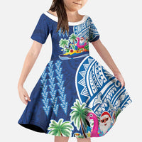 Hawaiian Mele Kalikimaka Family Matching Puletasi and Hawaiian Shirt Funny Santa on Whale Island with Kakau Tattoos LT03 Daughter's Dress Blue - Polynesian Pride