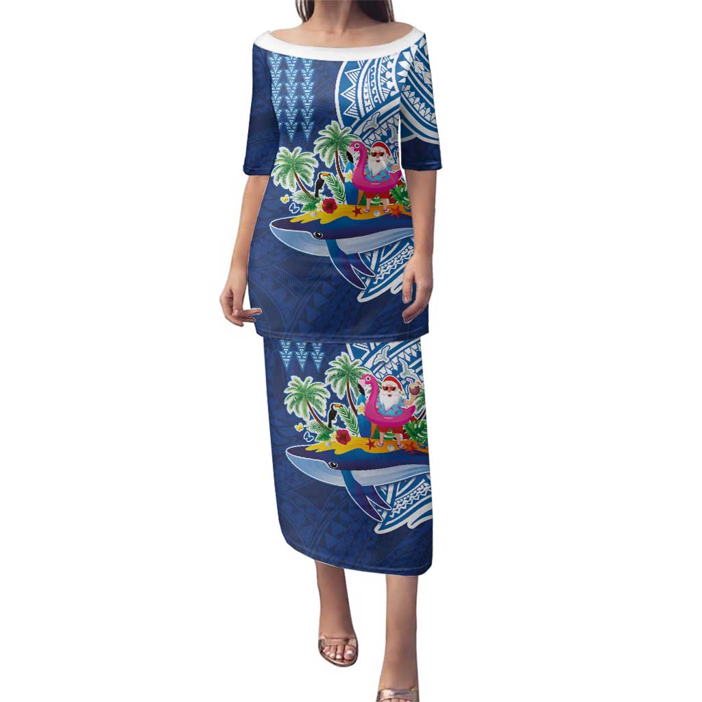 Hawaiian Mele Kalikimaka Family Matching Puletasi and Hawaiian Shirt Funny Santa on Whale Island with Kakau Tattoos LT03 Mom's Dress Blue - Polynesian Pride