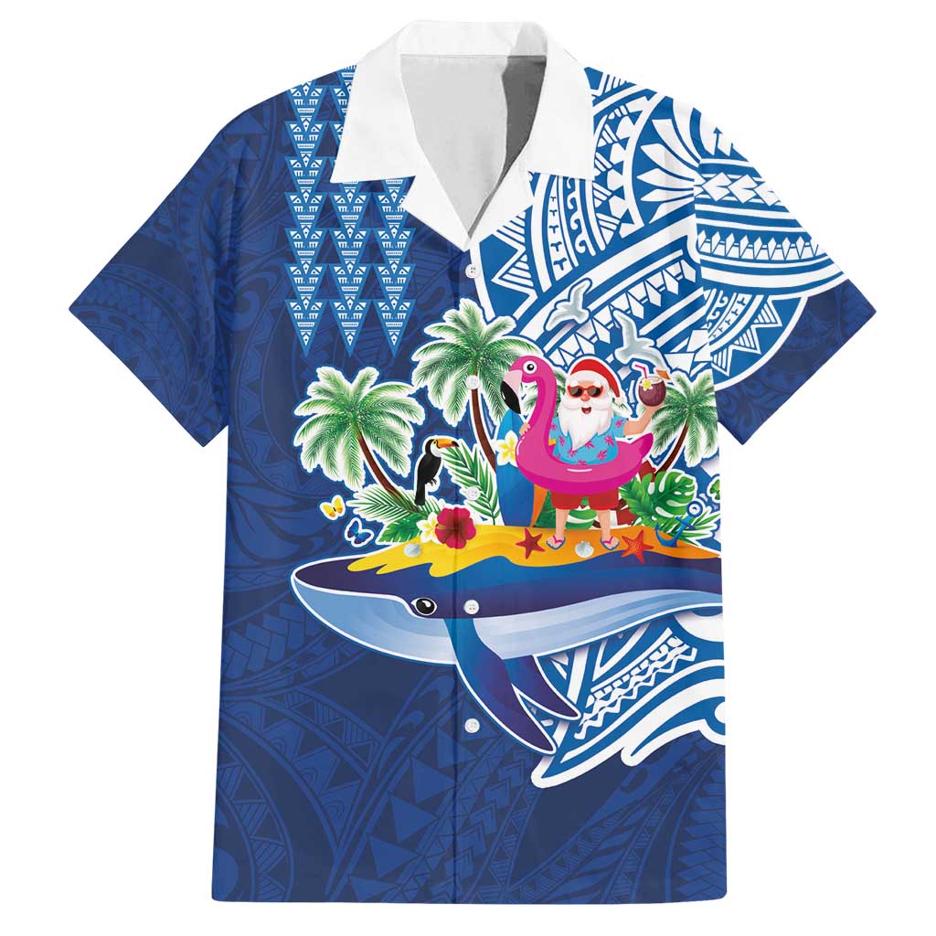 Hawaiian Mele Kalikimaka Family Matching Summer Maxi Dress and Hawaiian Shirt Funny Santa on Whale Island with Kakau Tattoos LT03 Dad's Shirt - Short Sleeve Blue - Polynesian Pride