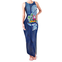 Hawaiian Mele Kalikimaka Family Matching Tank Maxi Dress and Hawaiian Shirt Funny Santa on Whale Island with Kakau Tattoos LT03 Mom's Dress Blue - Polynesian Pride