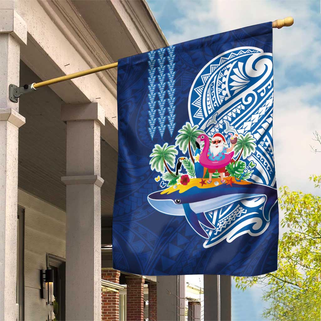Hawaiian Mele Kalikimaka Garden Flag Funny Santa on Whale Island with Kakau Tattoos LT03 House Flag Blue - Polynesian Pride