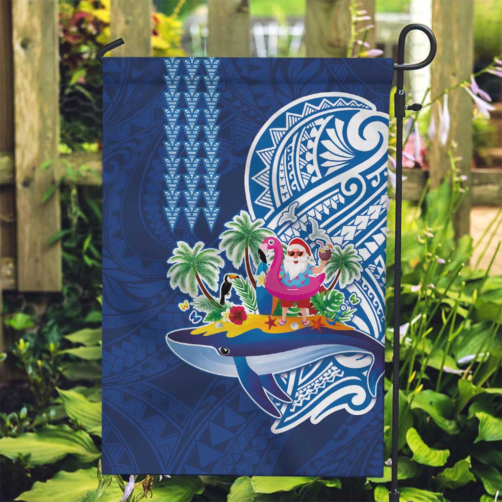 Hawaiian Mele Kalikimaka Garden Flag Funny Santa on Whale Island with Kakau Tattoos LT03 Garden Flag Blue - Polynesian Pride