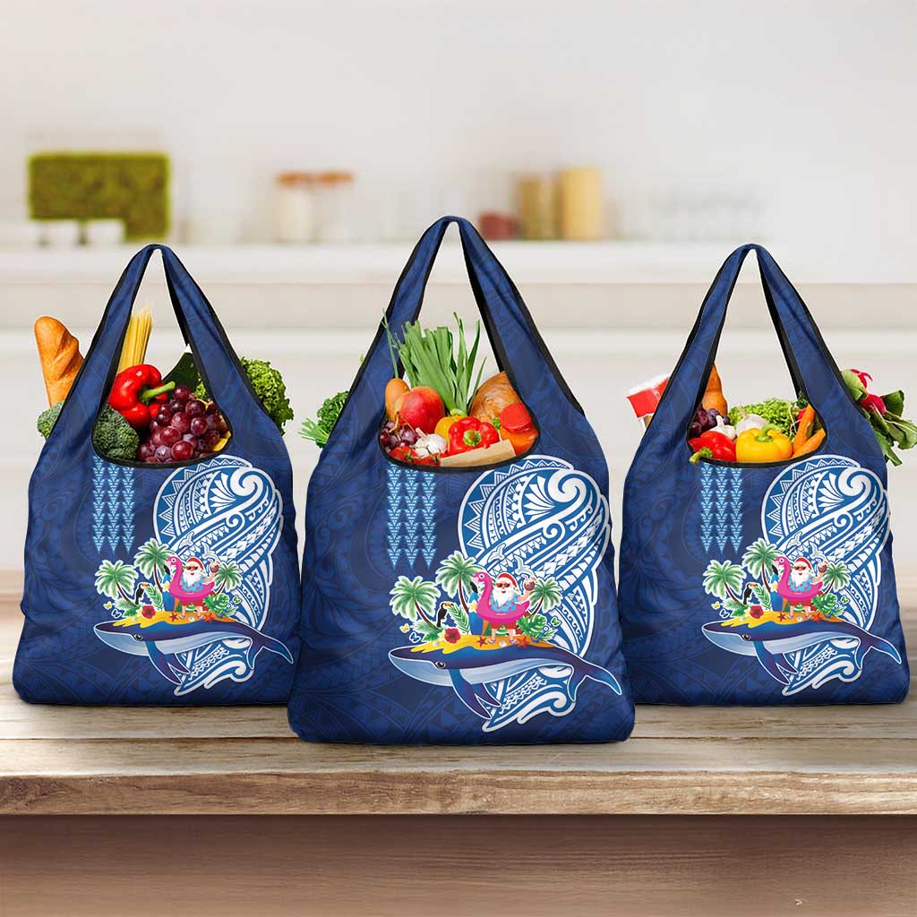 Hawaiian Mele Kalikimaka Grocery Bag Funny Santa on Whale Island with Kakau Tattoos LT03 3-pack One Size Blue - Polynesian Pride