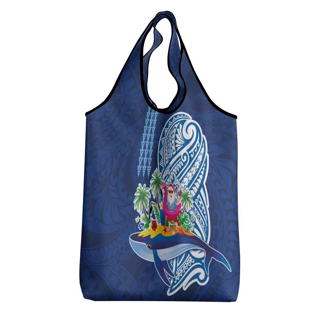 Hawaiian Mele Kalikimaka Grocery Bag Funny Santa on Whale Island with Kakau Tattoos LT03 - Polynesian Pride