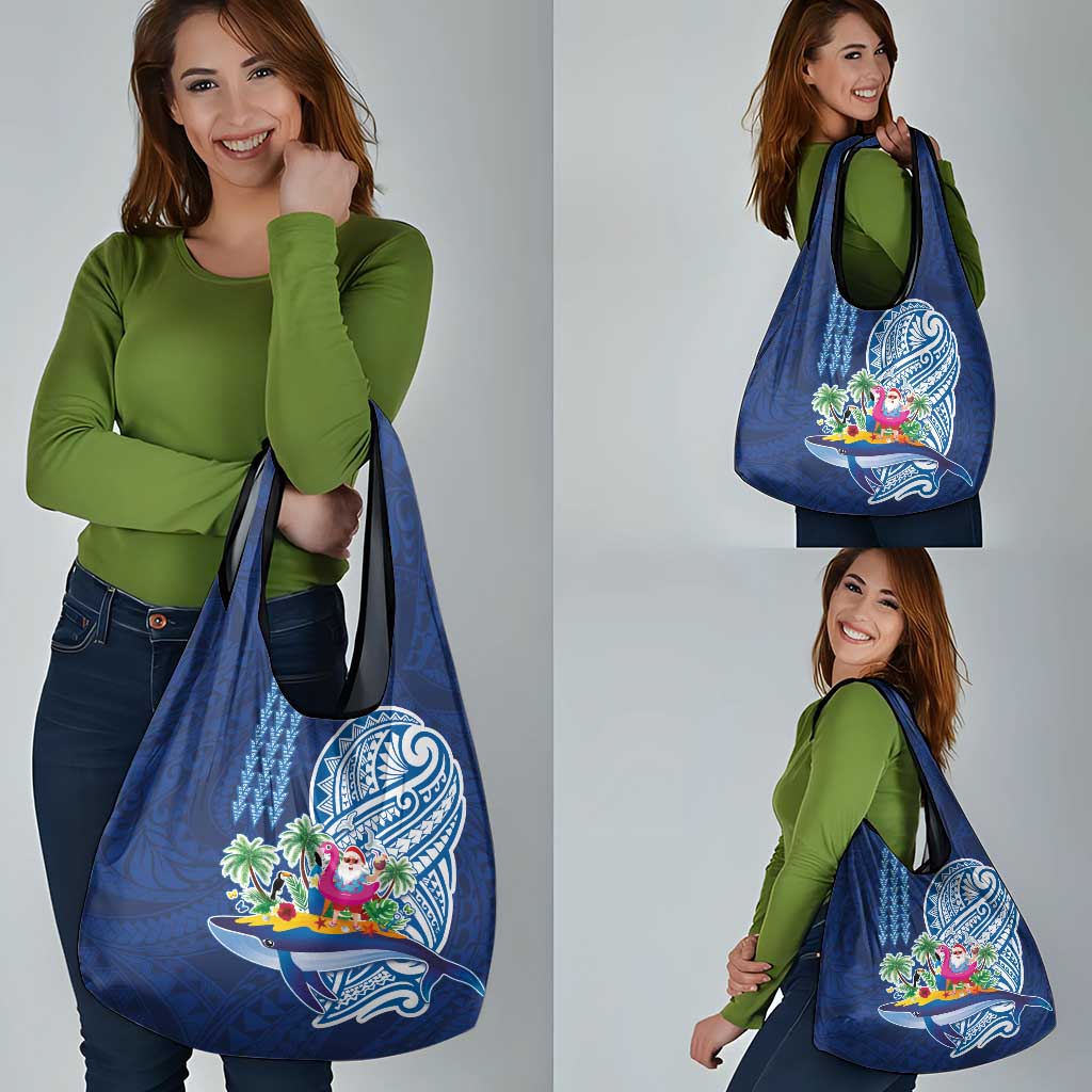 Hawaiian Mele Kalikimaka Grocery Bag Funny Santa on Whale Island with Kakau Tattoos LT03 - Polynesian Pride