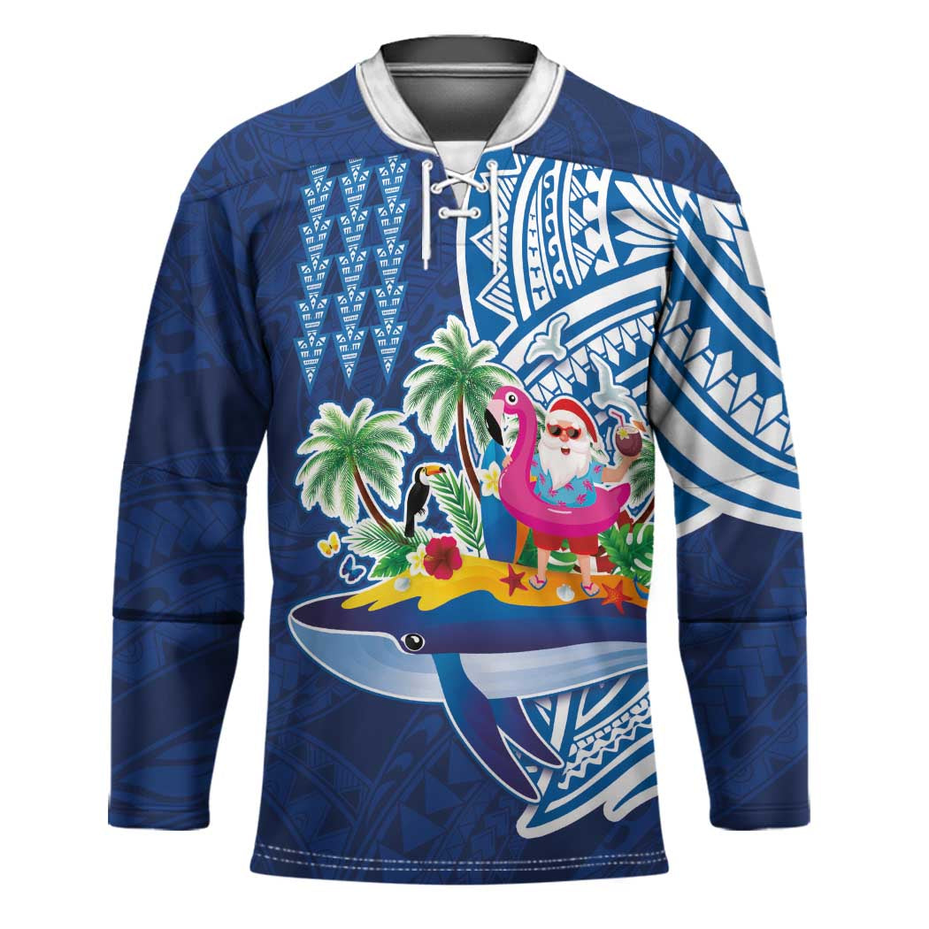 Hawaiian Mele Kalikimaka Hockey Jersey Funny Santa on Whale Island with Kakau Tattoos LT03 Unisex Blue - Polynesian Pride