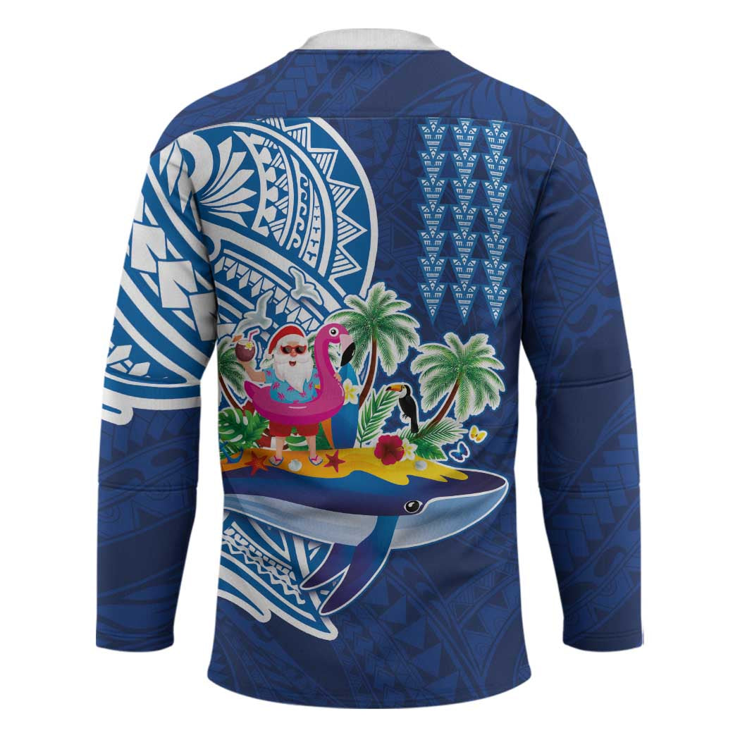 Hawaiian Mele Kalikimaka Hockey Jersey Funny Santa on Whale Island with Kakau Tattoos LT03 - Polynesian Pride