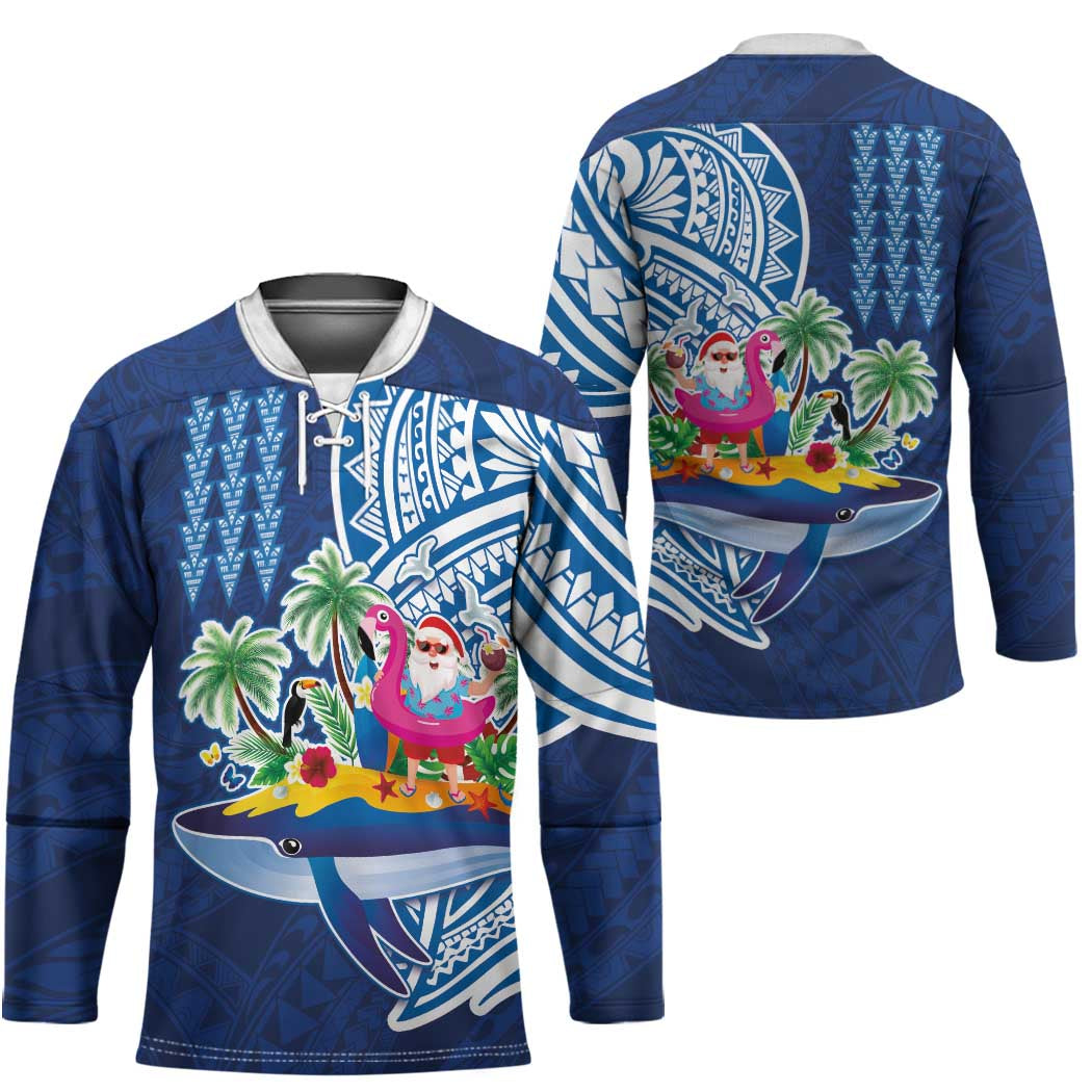Hawaiian Mele Kalikimaka Hockey Jersey Funny Santa on Whale Island with Kakau Tattoos LT03 - Polynesian Pride