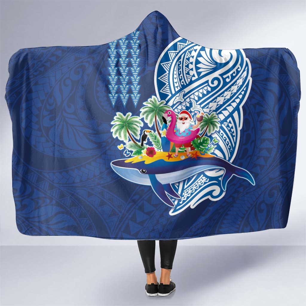 Hawaiian Mele Kalikimaka Hooded Blanket Funny Santa on Whale Island with Kakau Tattoos LT03 One Size Blue - Polynesian Pride