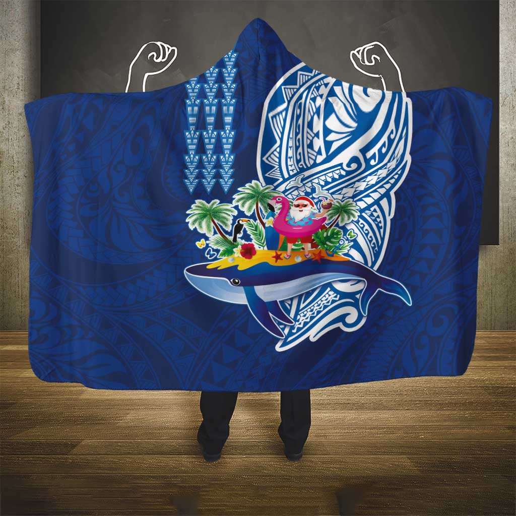 Hawaiian Mele Kalikimaka Hooded Blanket Funny Santa on Whale Island with Kakau Tattoos LT03 - Polynesian Pride