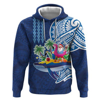 Hawaiian Mele Kalikimaka Hoodie Funny Santa on Whale Island with Kakau Tattoos LT03 Pullover Hoodie Blue - Polynesian Pride