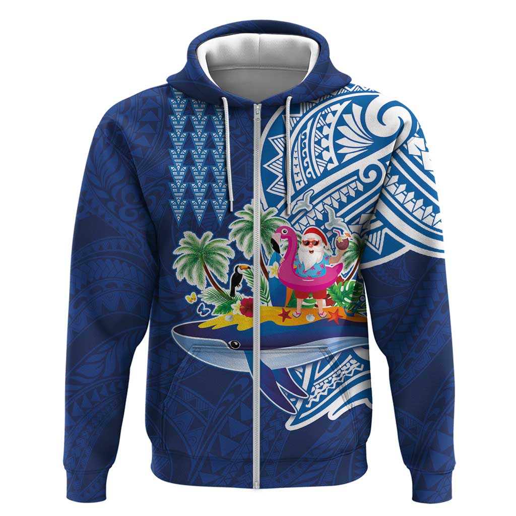 Hawaiian Mele Kalikimaka Hoodie Funny Santa on Whale Island with Kakau Tattoos LT03 Zip Hoodie Blue - Polynesian Pride