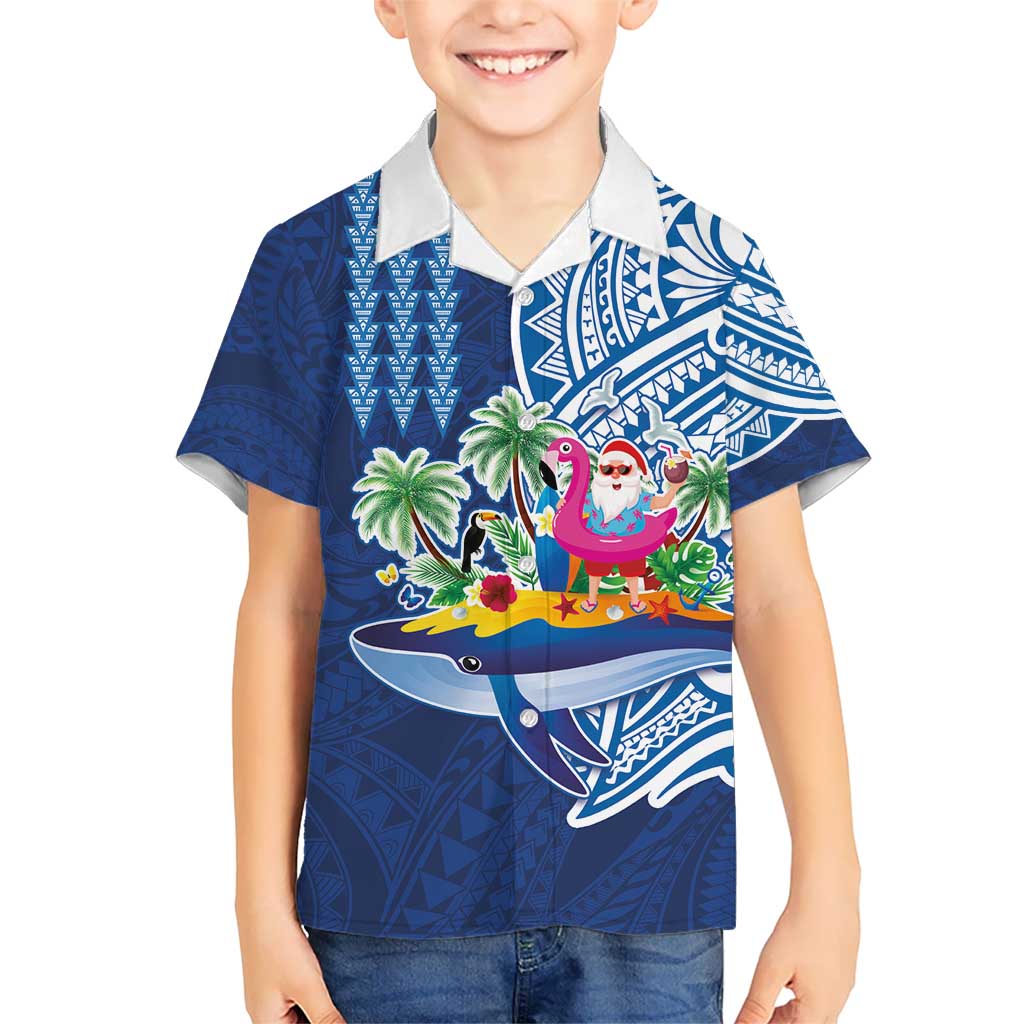 Hawaiian Mele Kalikimaka Kid Hawaiian Shirt Funny Santa on Whale Island with Kakau Tattoos LT03 Kid Blue - Polynesian Pride