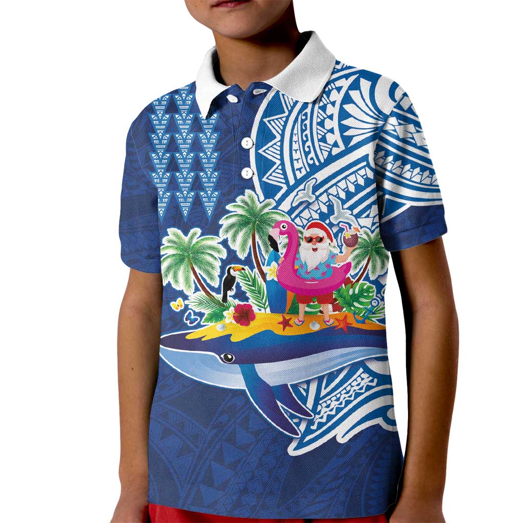 Hawaiian Mele Kalikimaka Kid Polo Shirt Funny Santa on Whale Island with Kakau Tattoos LT03 Kid Blue - Polynesian Pride