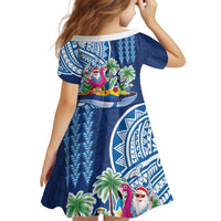 Hawaiian Mele Kalikimaka Kid Short Sleeve Dress Funny Santa on Whale Island with Kakau Tattoos LT03 - Polynesian Pride
