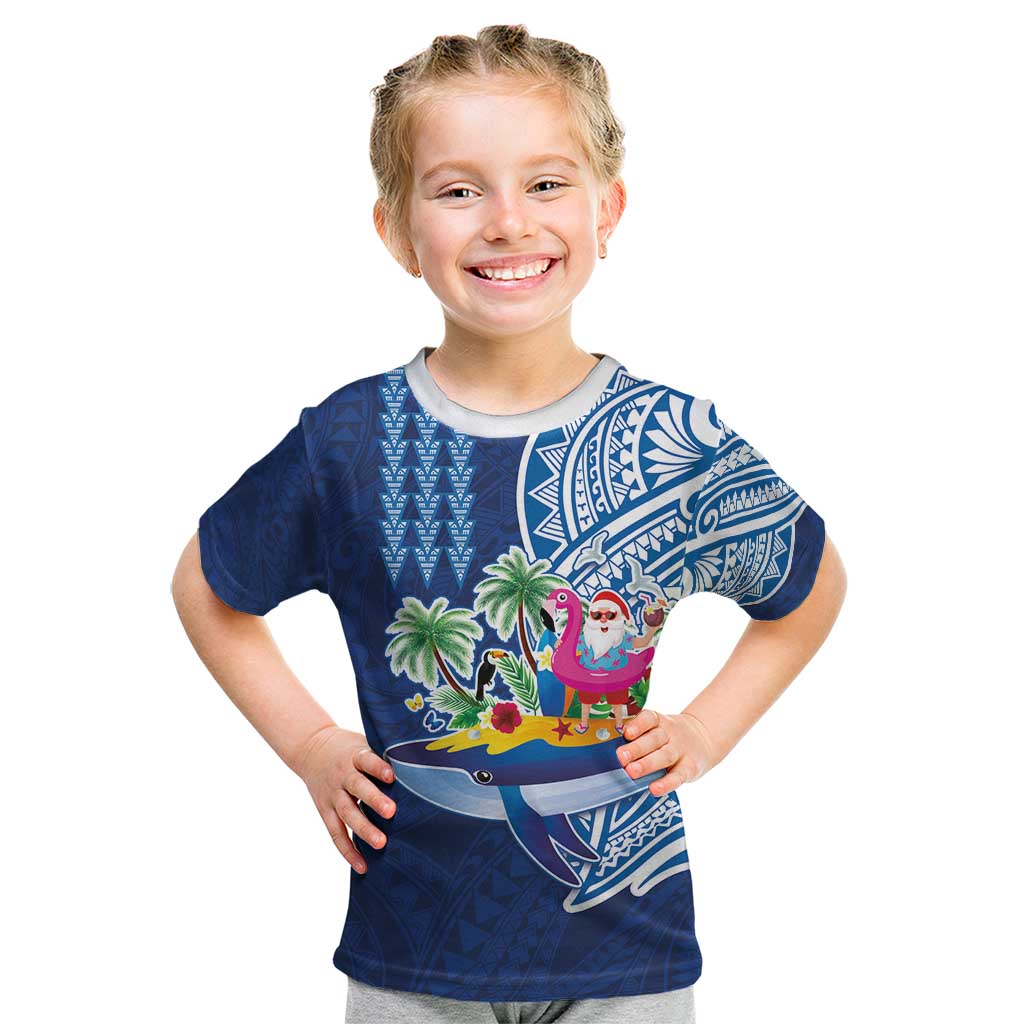 Hawaiian Mele Kalikimaka Kid T Shirt Funny Santa on Whale Island with Kakau Tattoos LT03 Blue - Polynesian Pride