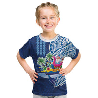 Hawaiian Mele Kalikimaka Kid T Shirt Funny Santa on Whale Island with Kakau Tattoos LT03 Blue - Polynesian Pride