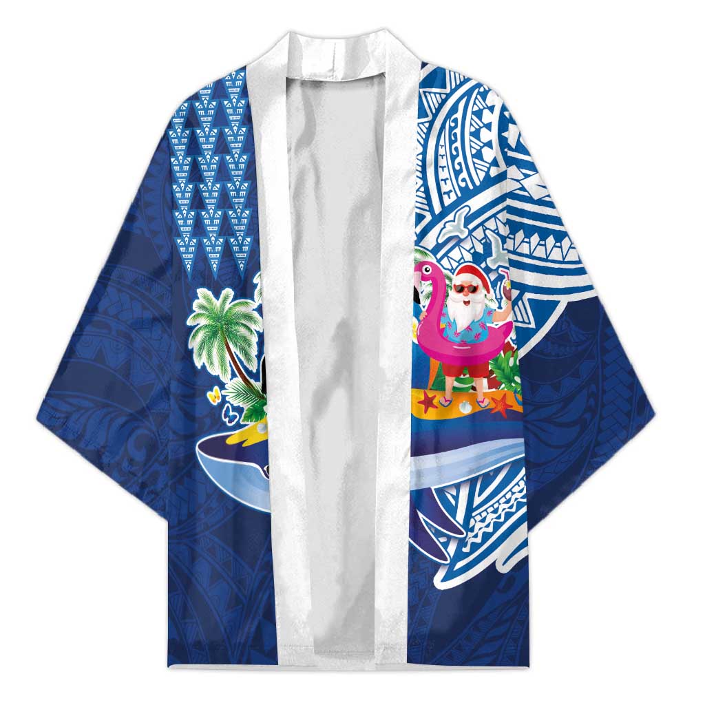 Hawaiian Mele Kalikimaka Kimono Funny Santa on Whale Island with Kakau Tattoos LT03 Unisex Blue - Polynesian Pride