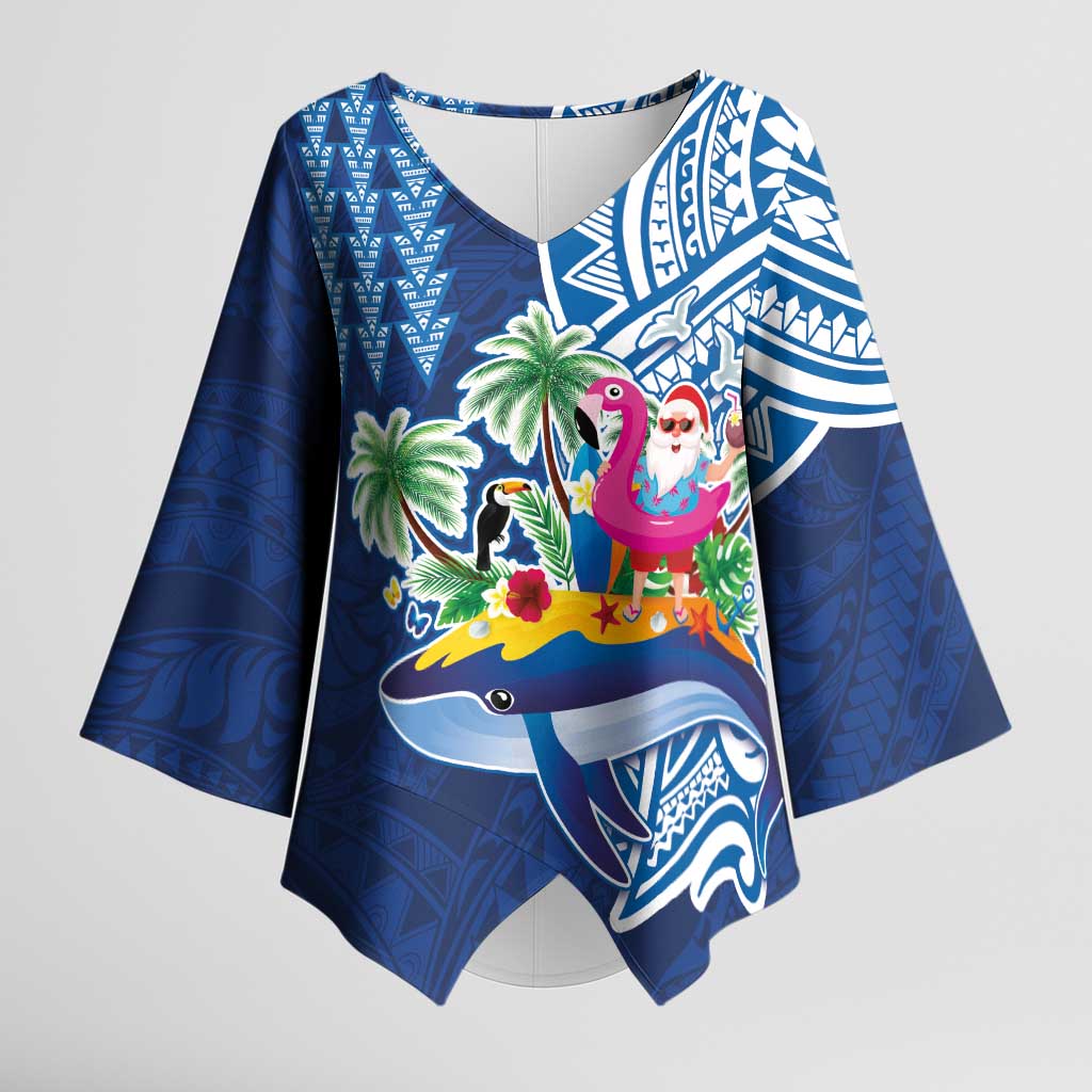 Hawaiian Mele Kalikimaka Kimono Sleeve Blouse Funny Santa on Whale Island with Kakau Tattoos LT03 Female Blue - Polynesian Pride