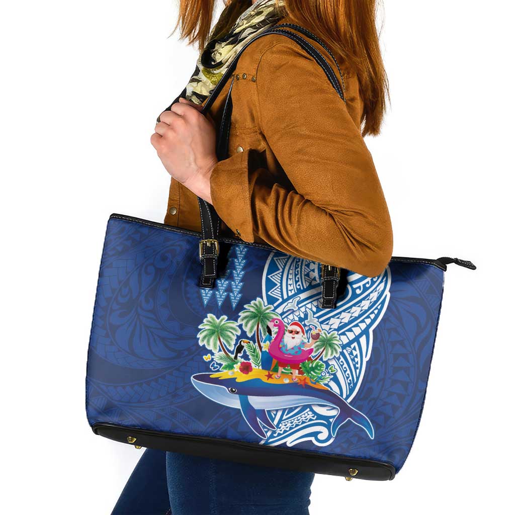 Hawaiian Mele Kalikimaka Leather Tote Bag Funny Santa on Whale Island with Kakau Tattoos LT03 Blue - Polynesian Pride