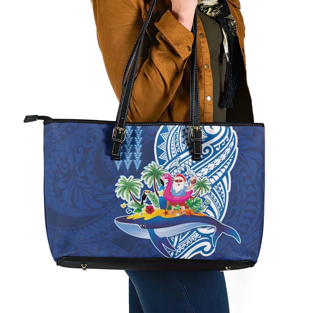 Hawaiian Mele Kalikimaka Leather Tote Bag Funny Santa on Whale Island with Kakau Tattoos LT03 - Polynesian Pride