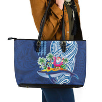Hawaiian Mele Kalikimaka Leather Tote Bag Funny Santa on Whale Island with Kakau Tattoos LT03 - Polynesian Pride