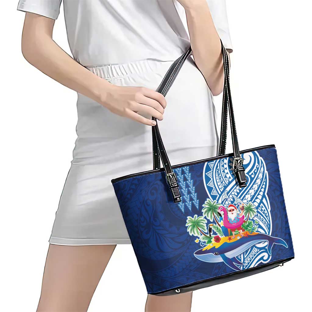Hawaiian Mele Kalikimaka Leather Tote Bag Funny Santa on Whale Island with Kakau Tattoos LT03 - Polynesian Pride
