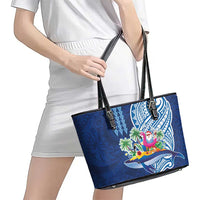 Hawaiian Mele Kalikimaka Leather Tote Bag Funny Santa on Whale Island with Kakau Tattoos LT03 - Polynesian Pride