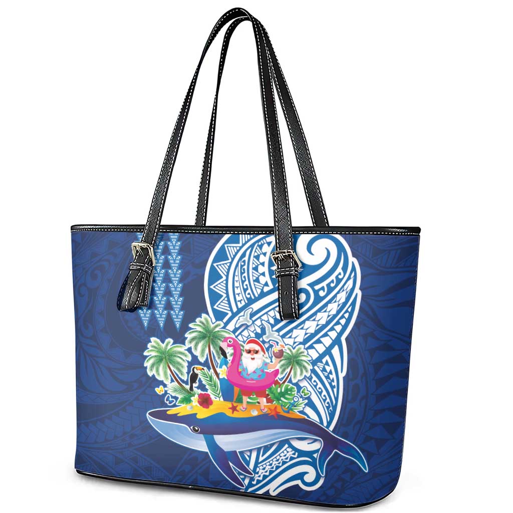 Hawaiian Mele Kalikimaka Leather Tote Bag Funny Santa on Whale Island with Kakau Tattoos LT03 - Polynesian Pride