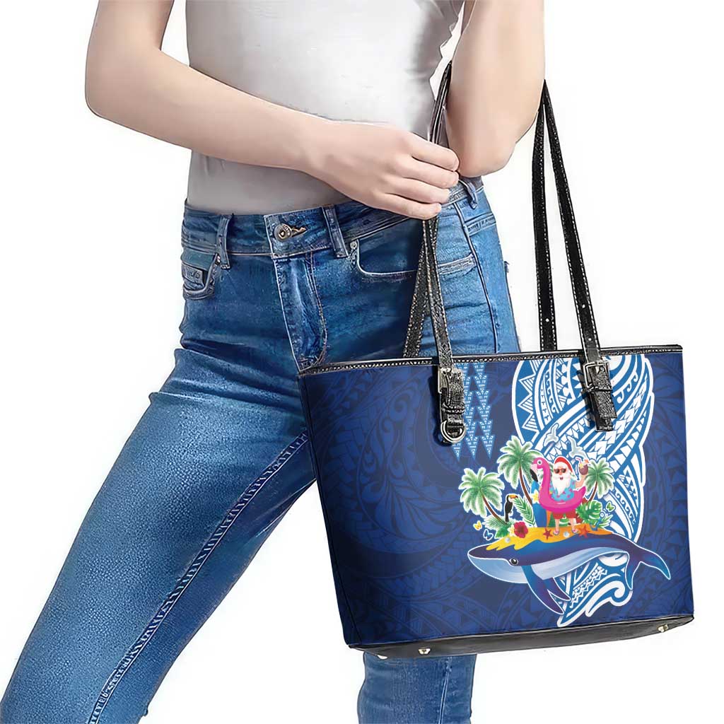 Hawaiian Mele Kalikimaka Leather Tote Bag Funny Santa on Whale Island with Kakau Tattoos LT03 - Polynesian Pride