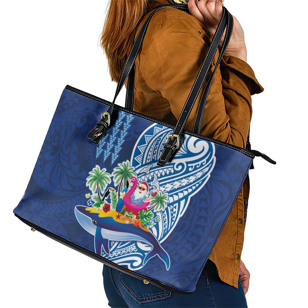 Hawaiian Mele Kalikimaka Leather Tote Bag Funny Santa on Whale Island with Kakau Tattoos LT03 - Polynesian Pride