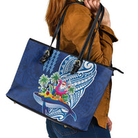 Hawaiian Mele Kalikimaka Leather Tote Bag Funny Santa on Whale Island with Kakau Tattoos LT03 - Polynesian Pride