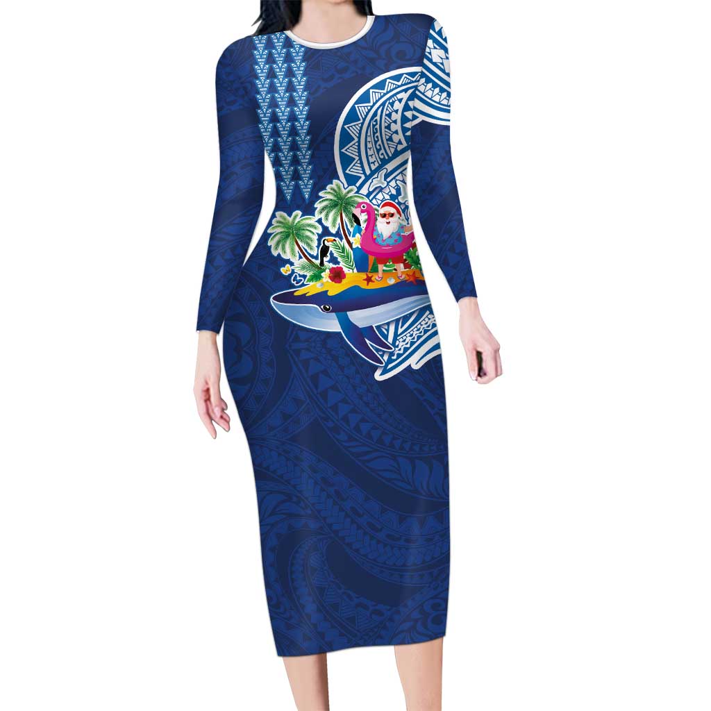 Hawaiian Mele Kalikimaka Long Sleeve Bodycon Dress Funny Santa on Whale Island with Kakau Tattoos LT03 Long Dress Blue - Polynesian Pride