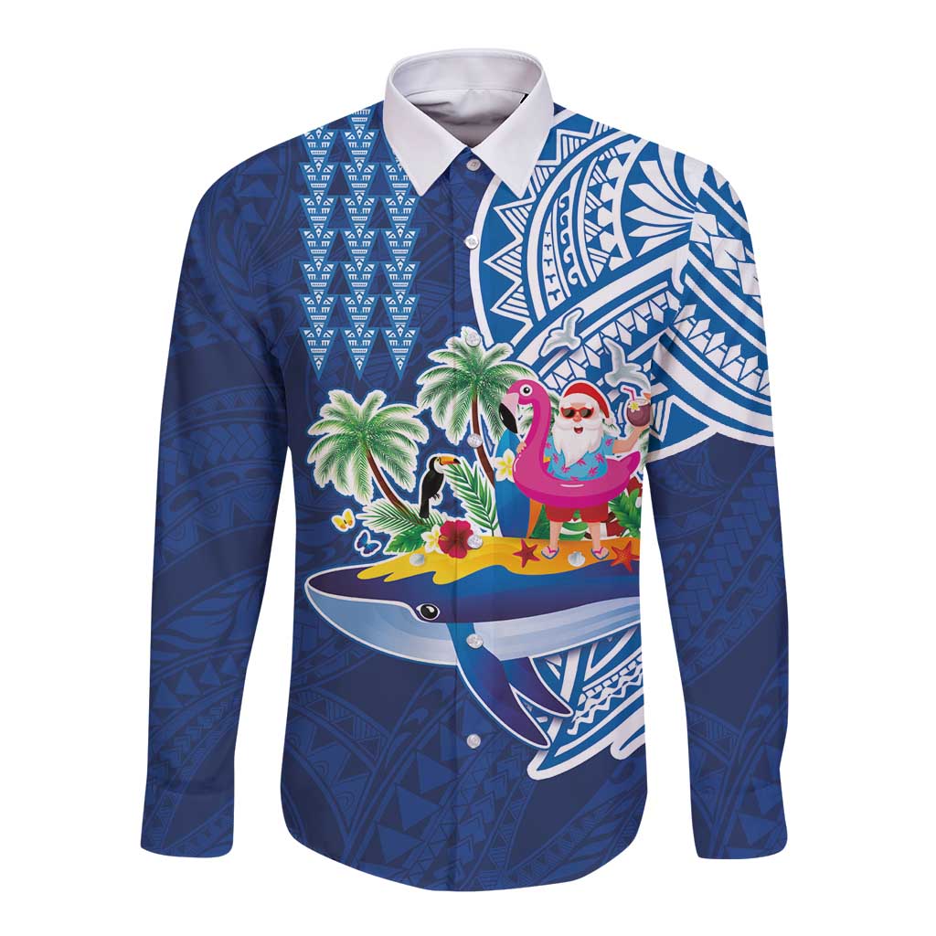 Hawaiian Mele Kalikimaka Long Sleeve Button Shirt Funny Santa on Whale Island with Kakau Tattoos LT03 Unisex Blue - Polynesian Pride