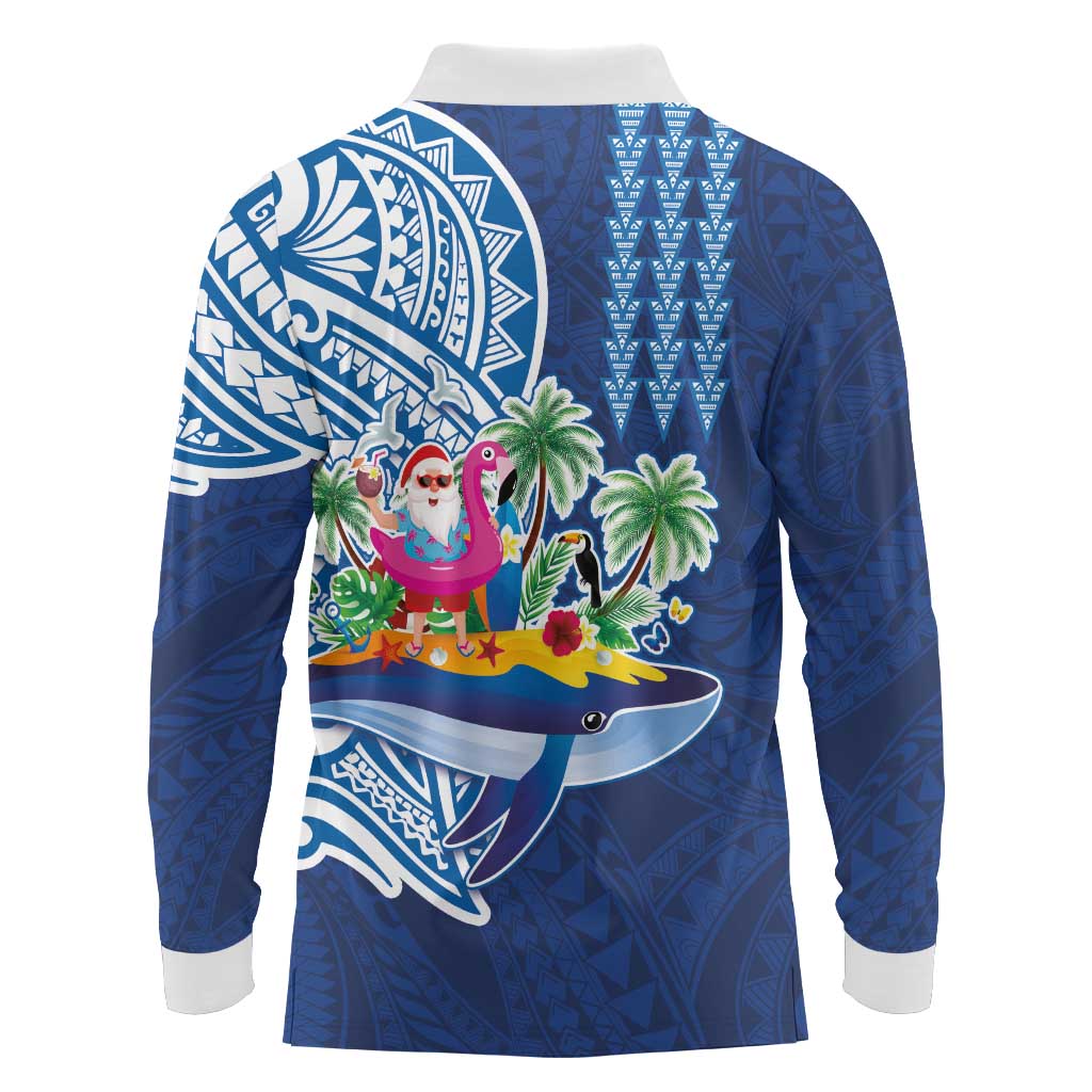 Hawaiian Mele Kalikimaka Long Sleeve Polo Shirt Funny Santa on Whale Island with Kakau Tattoos LT03 - Polynesian Pride