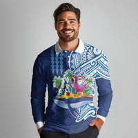 Hawaiian Mele Kalikimaka Long Sleeve Polo Shirt Funny Santa on Whale Island with Kakau Tattoos LT03 - Polynesian Pride