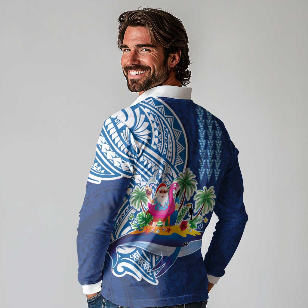Hawaiian Mele Kalikimaka Long Sleeve Polo Shirt Funny Santa on Whale Island with Kakau Tattoos LT03 - Polynesian Pride