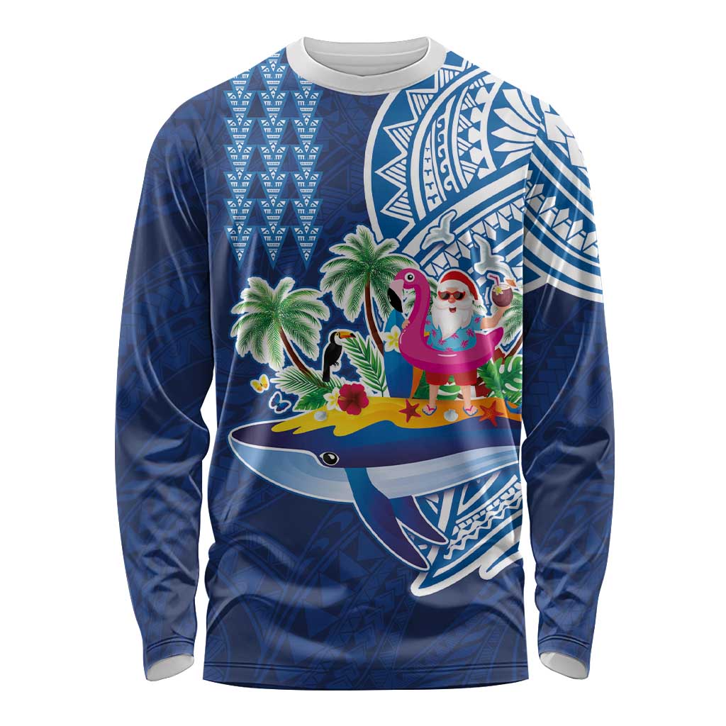 Hawaiian Mele Kalikimaka Long Sleeve Shirt Funny Santa on Whale Island with Kakau Tattoos LT03 Unisex Blue - Polynesian Pride