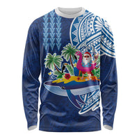 Hawaiian Mele Kalikimaka Long Sleeve Shirt Funny Santa on Whale Island with Kakau Tattoos LT03 Unisex Blue - Polynesian Pride