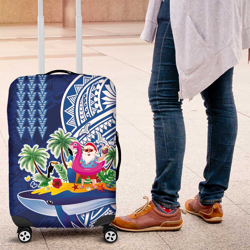 Hawaiian Mele Kalikimaka Luggage Cover Funny Santa on Whale Island with Kakau Tattoos LT03 Blue - Polynesian Pride