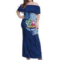 Hawaiian Mele Kalikimaka Off Shoulder Maxi Dress Funny Santa on Whale Island with Kakau Tattoos LT03 Women Blue - Polynesian Pride