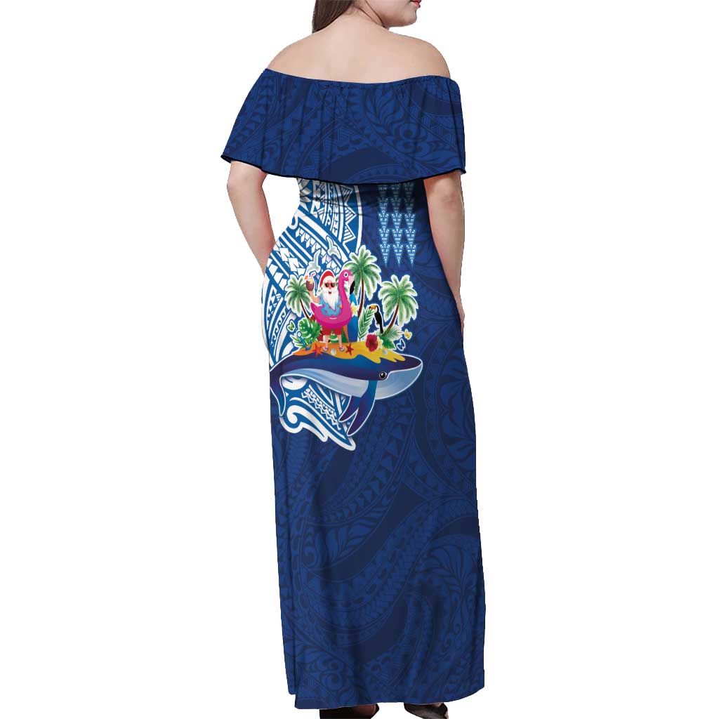 Hawaiian Mele Kalikimaka Off Shoulder Maxi Dress Funny Santa on Whale Island with Kakau Tattoos LT03 - Polynesian Pride