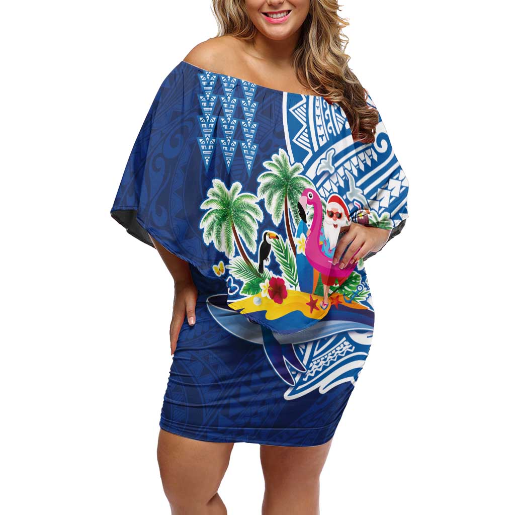 Hawaiian Mele Kalikimaka Off Shoulder Short Dress Funny Santa on Whale Island with Kakau Tattoos LT03 Women Blue - Polynesian Pride
