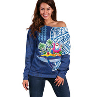 Hawaiian Mele Kalikimaka Off Shoulder Sweater Funny Santa on Whale Island with Kakau Tattoos LT03 Women Blue - Polynesian Pride