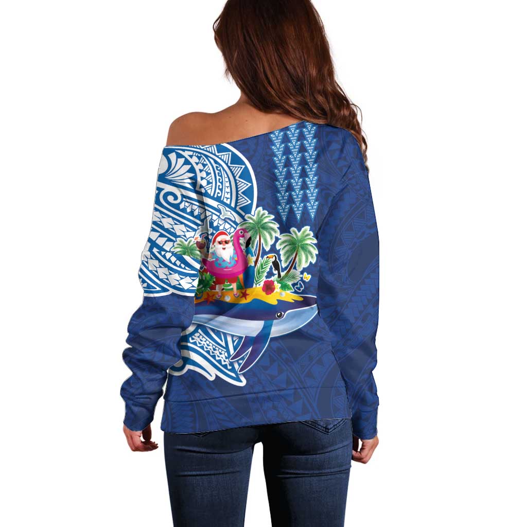 Hawaiian Mele Kalikimaka Off Shoulder Sweater Funny Santa on Whale Island with Kakau Tattoos LT03 - Polynesian Pride