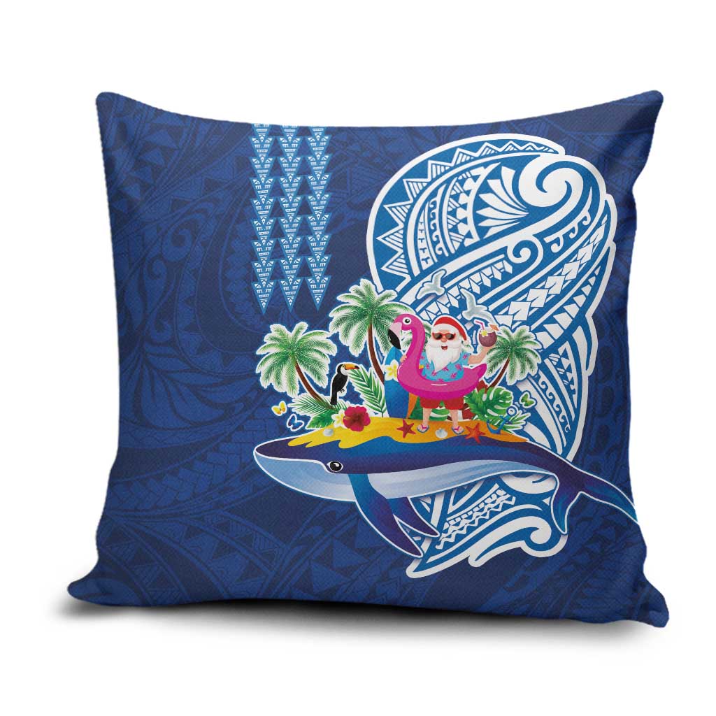 Hawaiian Mele Kalikimaka Pillow Cover Funny Santa on Whale Island with Kakau Tattoos LT03 Blue - Polynesian Pride